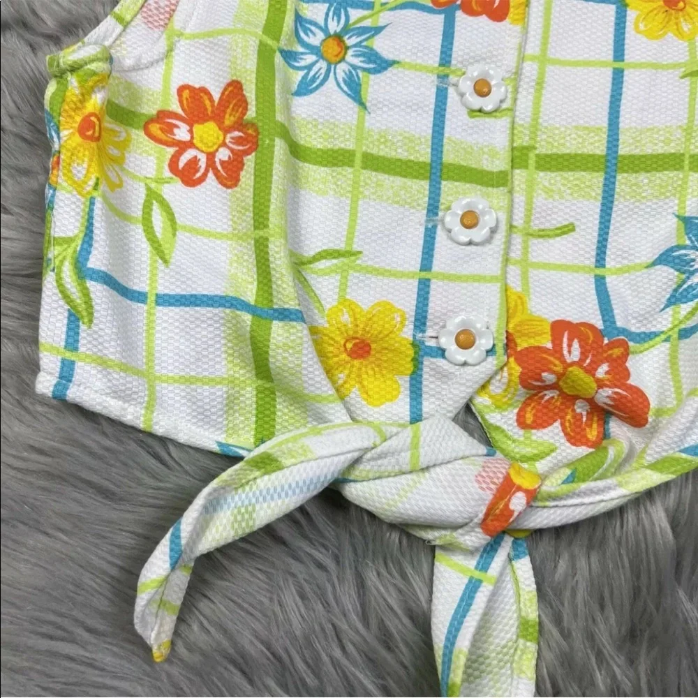 Vintage Girls In Design Blue Orange Green Floral Button Tie Front Shirt